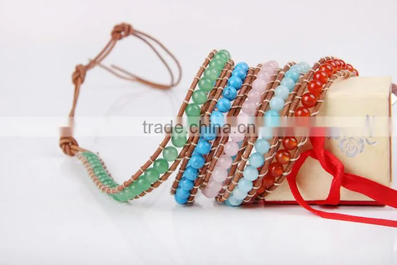 the sea blue pink crystal bracelet fashion Agate beads charm bracelet women jewelry 5 coil winding leather bracelet bangles