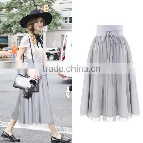 New Stylish Ladies Women Elegant High Waist Lace Mesh Pleated Long Skirt with Tie