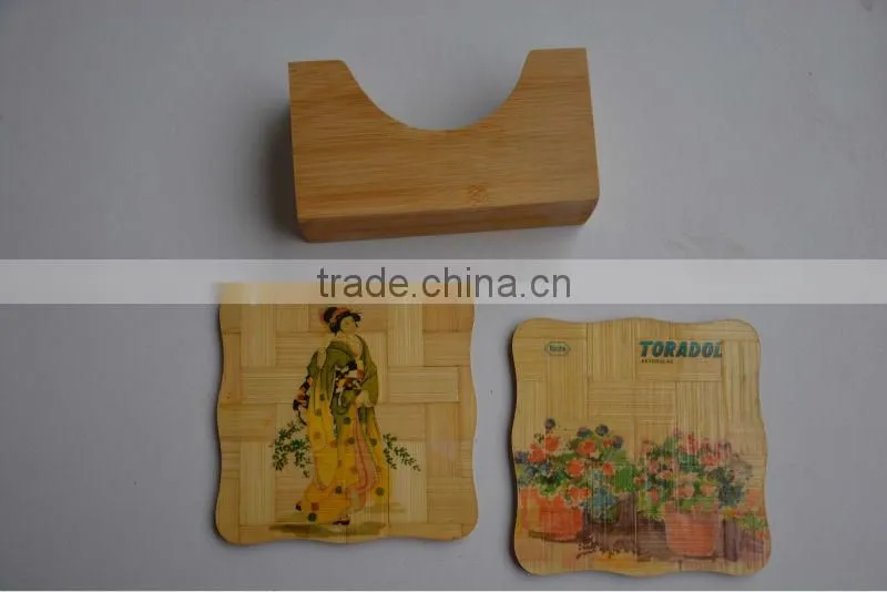 6 pcs Chinese Image Pattern Nature Bamboo Woode Coaster Kitchen Cup Mat with Wooden Holder Set