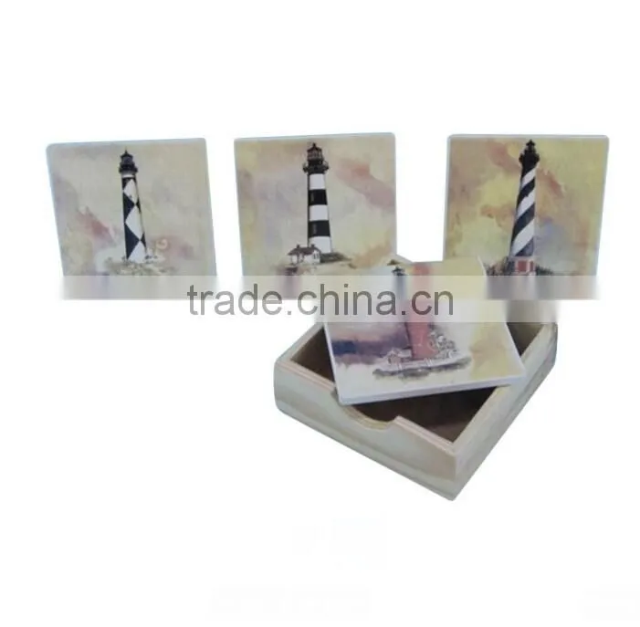 High Quality Wooden Digital Printing Water Proof Pattern Square Coaster Set with Holder Home Decoration Printing Pattern Cup Mat