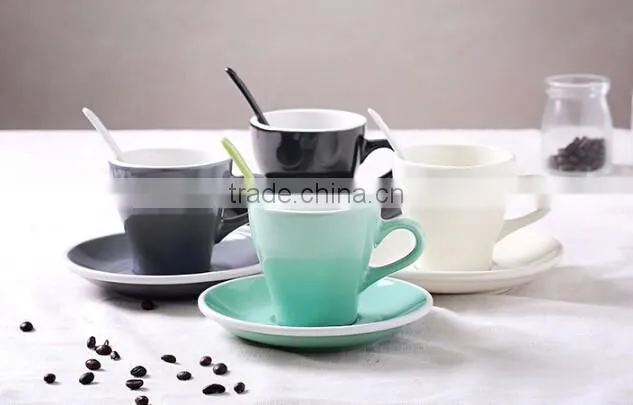 glazed ceramic mug and saucer outside color and inside white