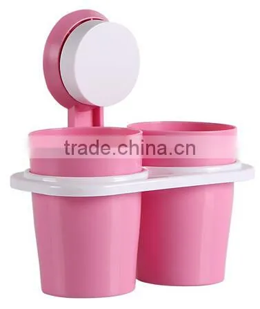 Sucker Hanging Plastic Two Cup Toothbrush Holder