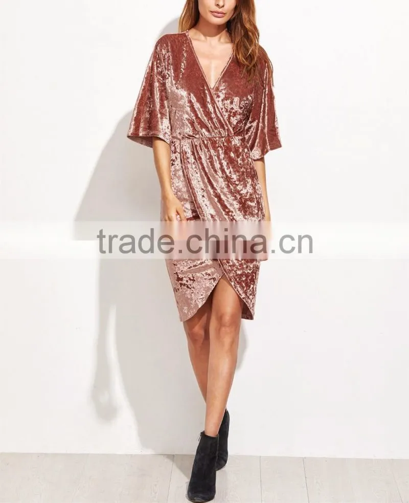 Womens Half Sleeve Crushed Velvet Wrap Dress Ladies V Neck Tunic Irregularity Velvet Knee Length Dress