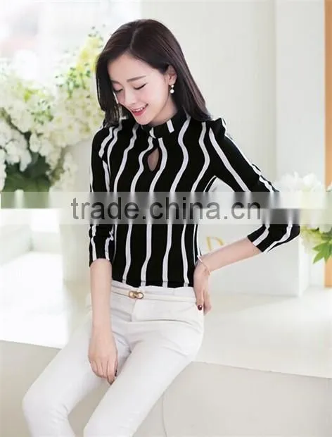 Fashion Korea Womens Stripe Blouse Long Sleeve Shirt Chiffon Slim Fit Tops