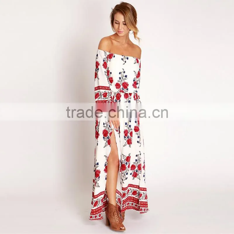Maxnegio sexy long sleeve boder print off shoulder midi evening dress