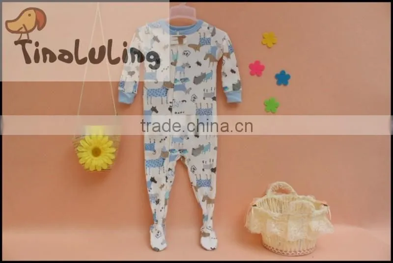 100% cotton baby striped lion aniaml printed footed pajamas, boys pajamas with feet wholesale