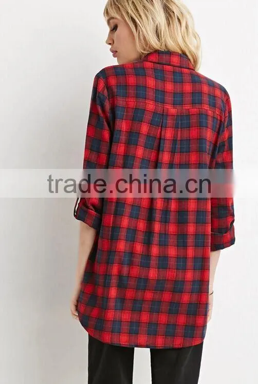 Longline Plaid Flannel Shirt High quality blouse OEM women's shirts