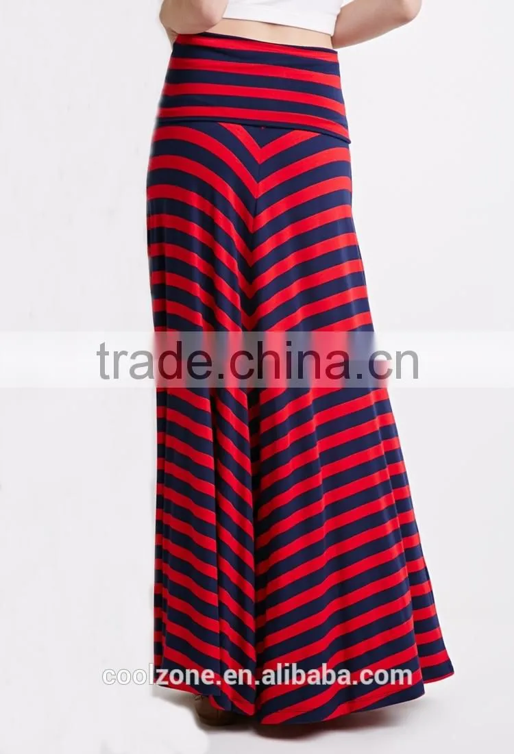 2015 Fold-over waist stripe print skirts fashion long maxi skirt