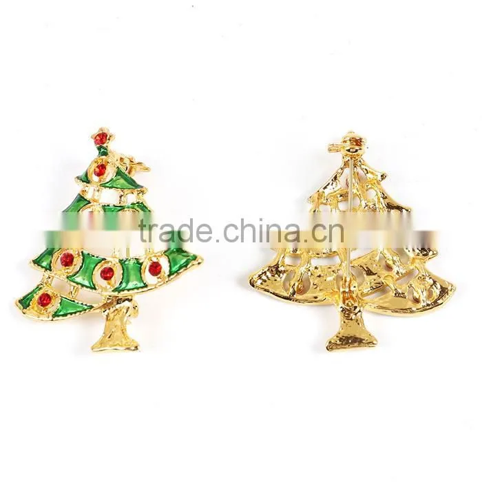 Pin Brooches Christmas Tree Gold Plated Green Enamel Red Rhinestone Wholesale Bulk Brooch