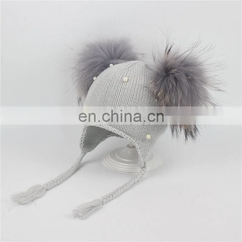 Wholesale Double Raccoon Fur Poms Cap Kids Hat With Fur Pom Pom