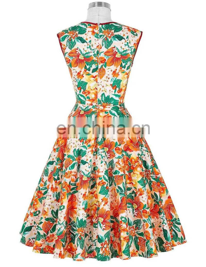 Grace Karin Vintage Flower Pattern Sleeveless Knee Length V-Neck Cotton A-Line 1950s Retro Vintage Dress CL007600-4