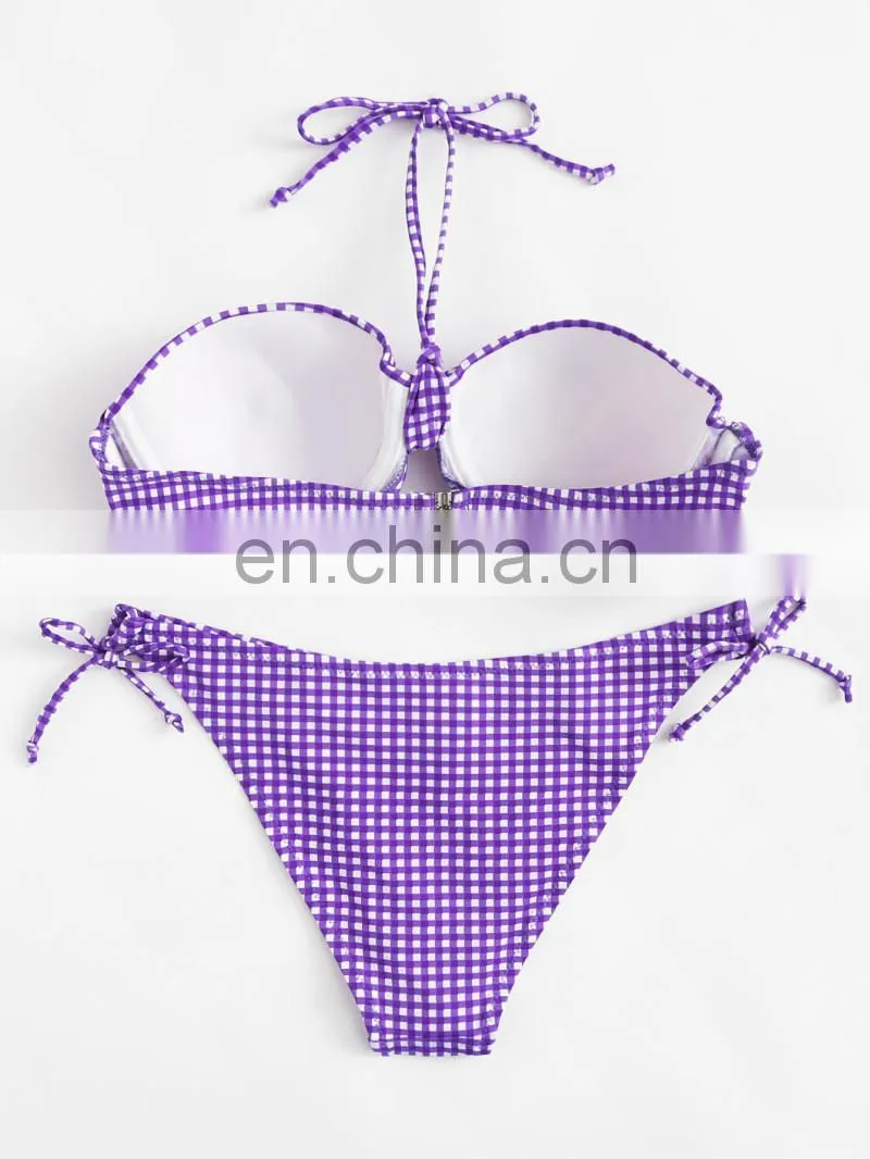 Tie Side Halter Gingham Print Bustier Bikini Set