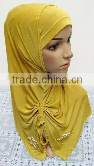 A569 Stylish islamic headscarf HEJAB pearl beaded flower two pieces LONG MUSLIM HIJAB