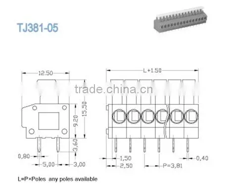 termin Block 3.81mm Grey PCB Spring Clamp Terminal blocks Screwless terminals 300V 10A 2P - 28P