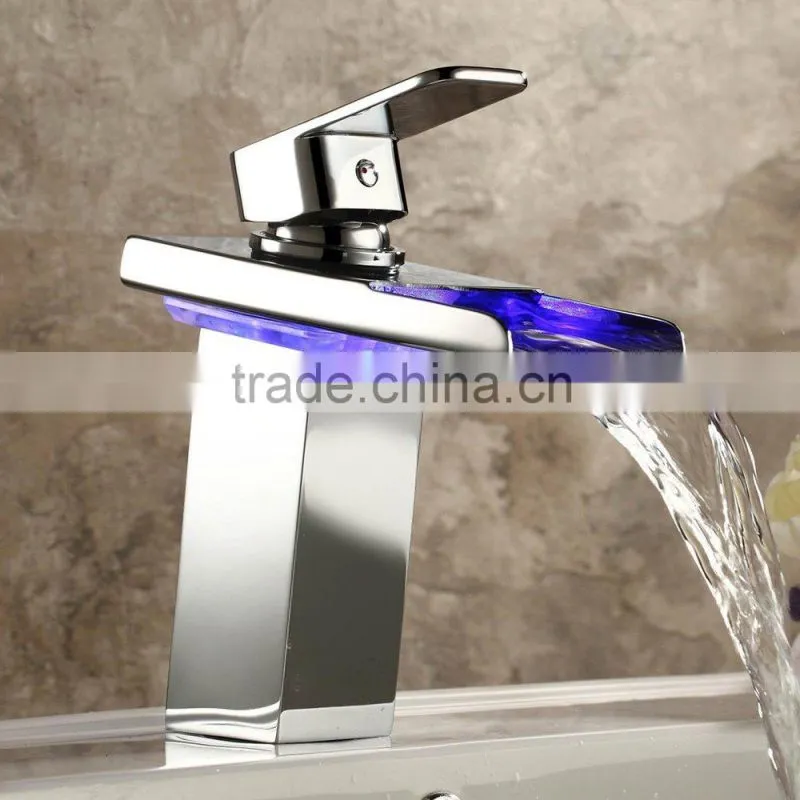 Contemporary Solid Brass Single Handle Led Widespread Waterfall Bathroom Sink Faucet Chrome Finish Single Hole One Handle Widesp