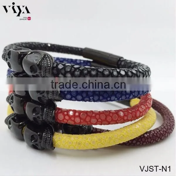 2016 New Arrival Twins Skull Blue Leather Bracelet With 18k Gold For Mens Watches Genuine Stingray Leather Skin