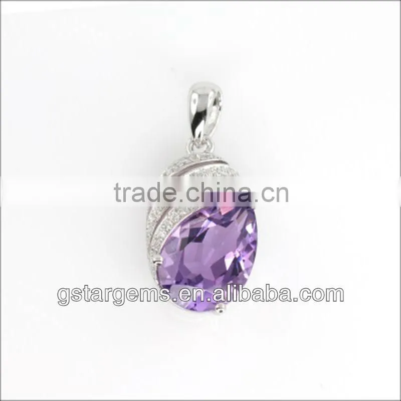 925 Sterling Silver Natural Gemstone Amethyst Rhodium Plated Jewelry CZ Pendant