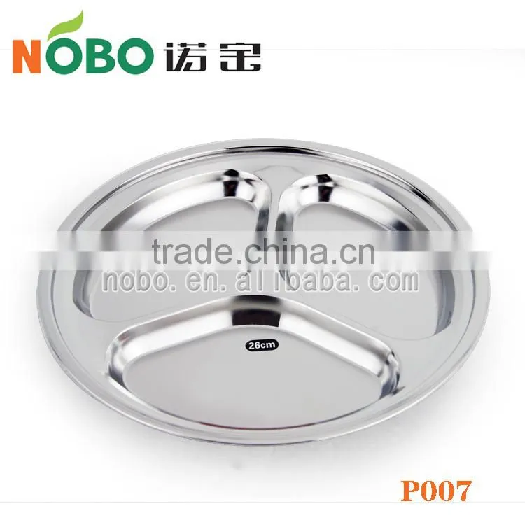 Factory supply stainless steel round food tray with 3 compartment for students