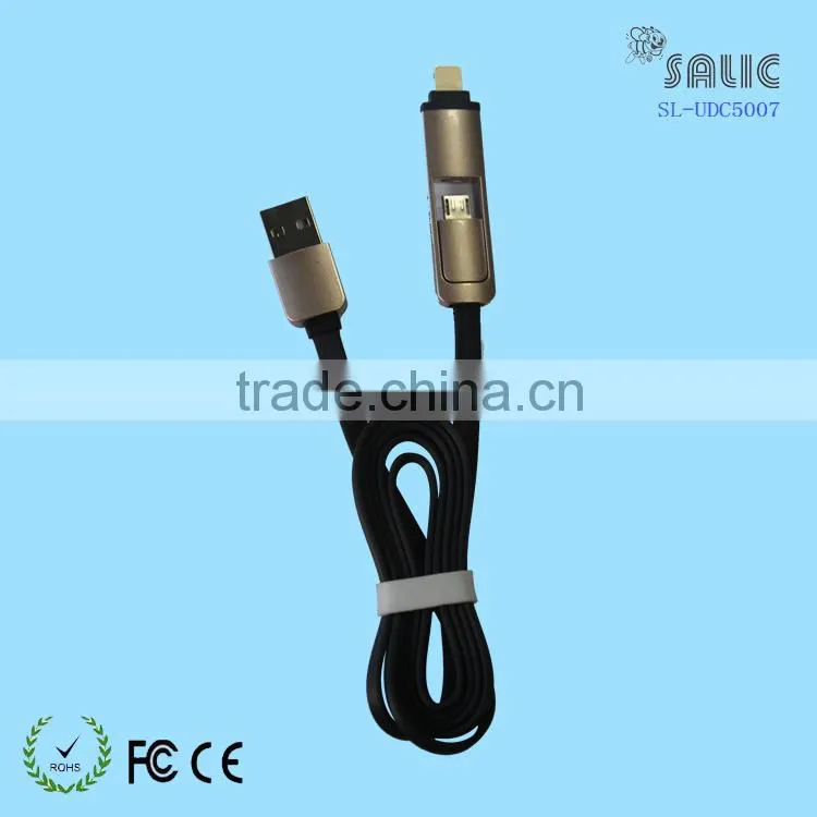 High Quality 2 in1 manual retractable flat noodle usb cable for micro usb and iphone6/5/5s/5c