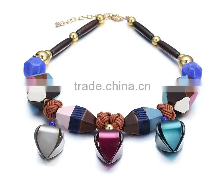 Women Necklace Wood Round Circle Pendant Pattern Sweater Chain Long Necklace