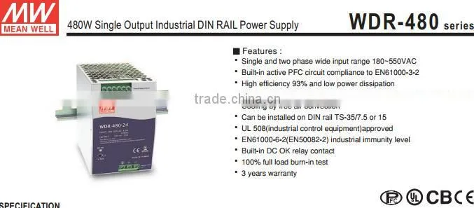 Mean well 480w 48V Din Rail power supply UL CE CB EMC WDR-480-48