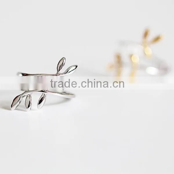 925 sterling silver ring edition fresh electroplating gold leaves open ring wholesale