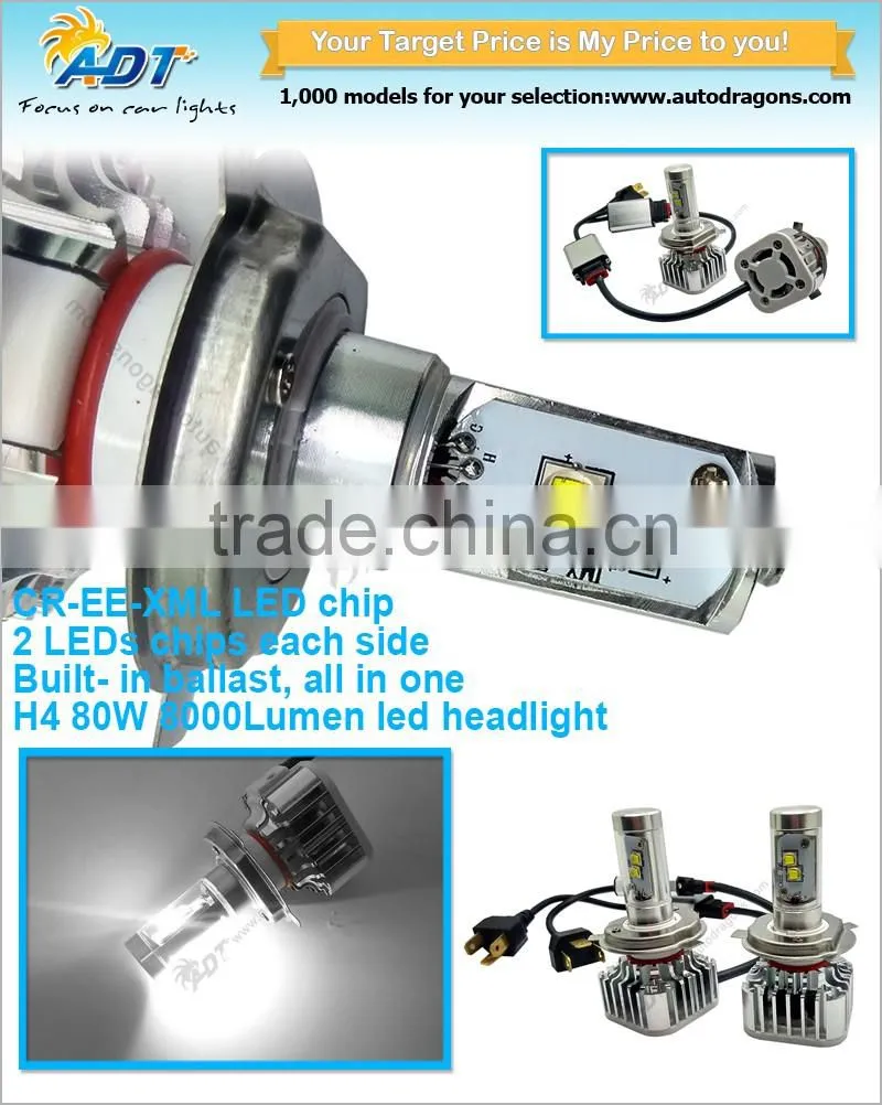 2016 Hot selling H4/9007/9004/H7/H8/H9/H10/H11/9005/9006 80W e4 led h11auto