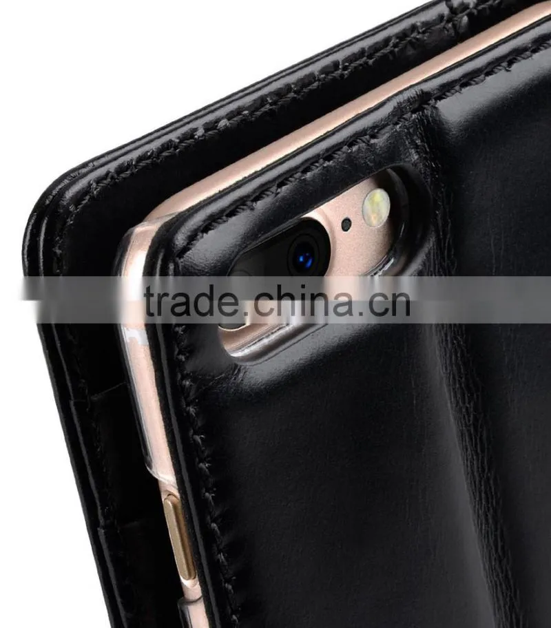 Newly Wallet Strap Black Wax Leather Case for Apple iPhone 7 Plus (5.5")