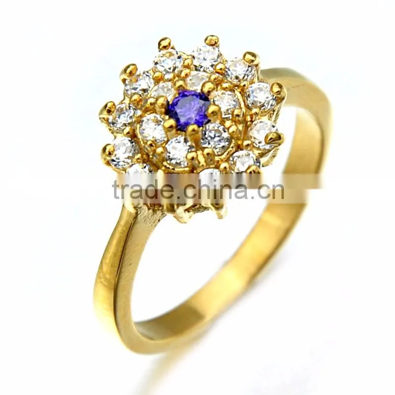 Fancy Women Wedding Band Stainless Steel Dubai Gold Ring with Crystal Flower Jewelry