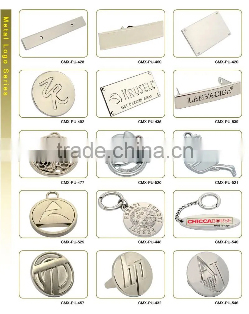 Hollowed metal brand designer handbags logo design with hanging hole