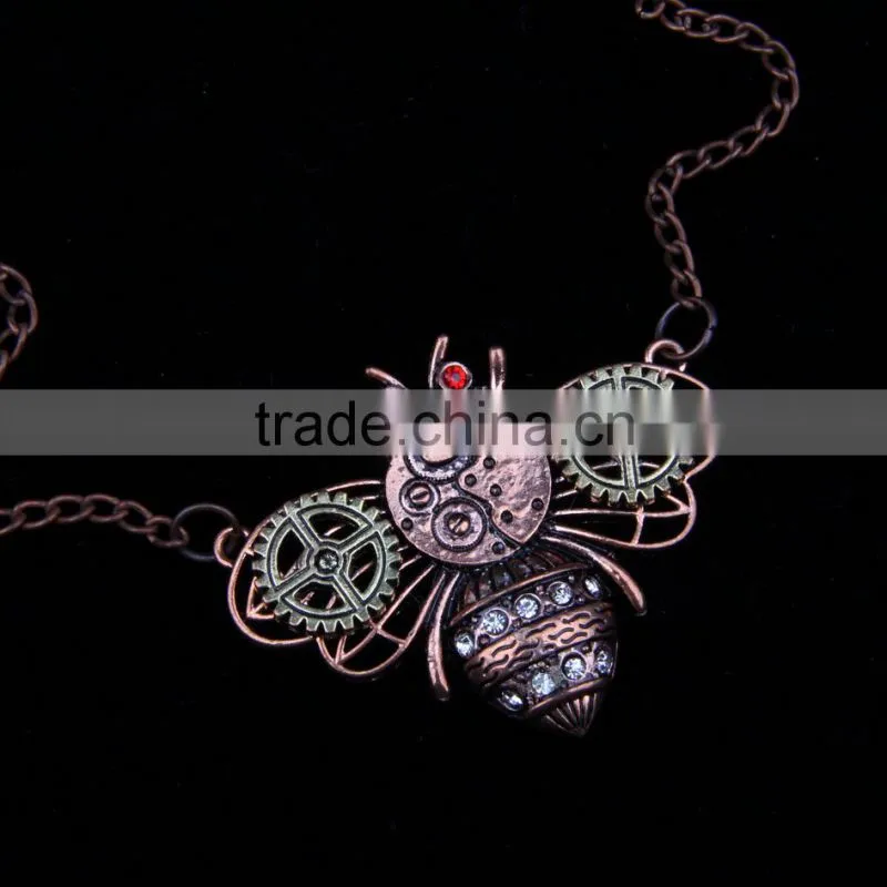 2015 yiwu fashion jewelry hot sale steampunk bee gear pendant with crystal statement necklace red copper