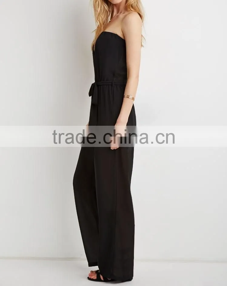 Strapless Chiffon long pants Jumpsuit with self-tie sash belt