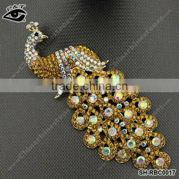 Rhinestone brooches crystal AB golden peacock design for clothing dress