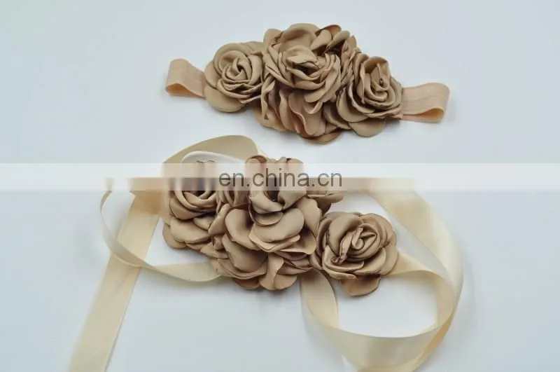 Natural Blossom Bridal Sash Matching Headband Set With Cream Beige Floral Hair Piece Photo Prop