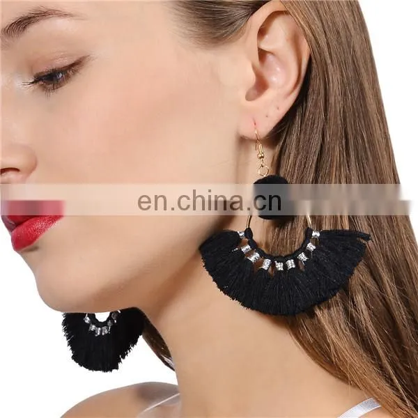 Fashion Women Vintage Geometric Fan - shaped Cotton Tassel Dangle Ear Stud Earrings