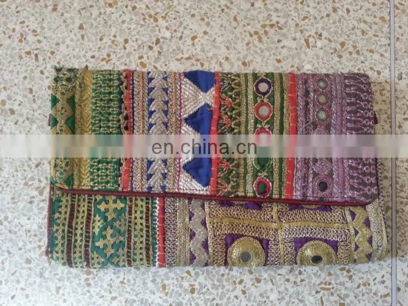 VINTAGE LEATHER POUCH BANJARA EMBROIDERY ETHNIC PATCHWORK HANDMADE MIRROR TRIBAL BAG