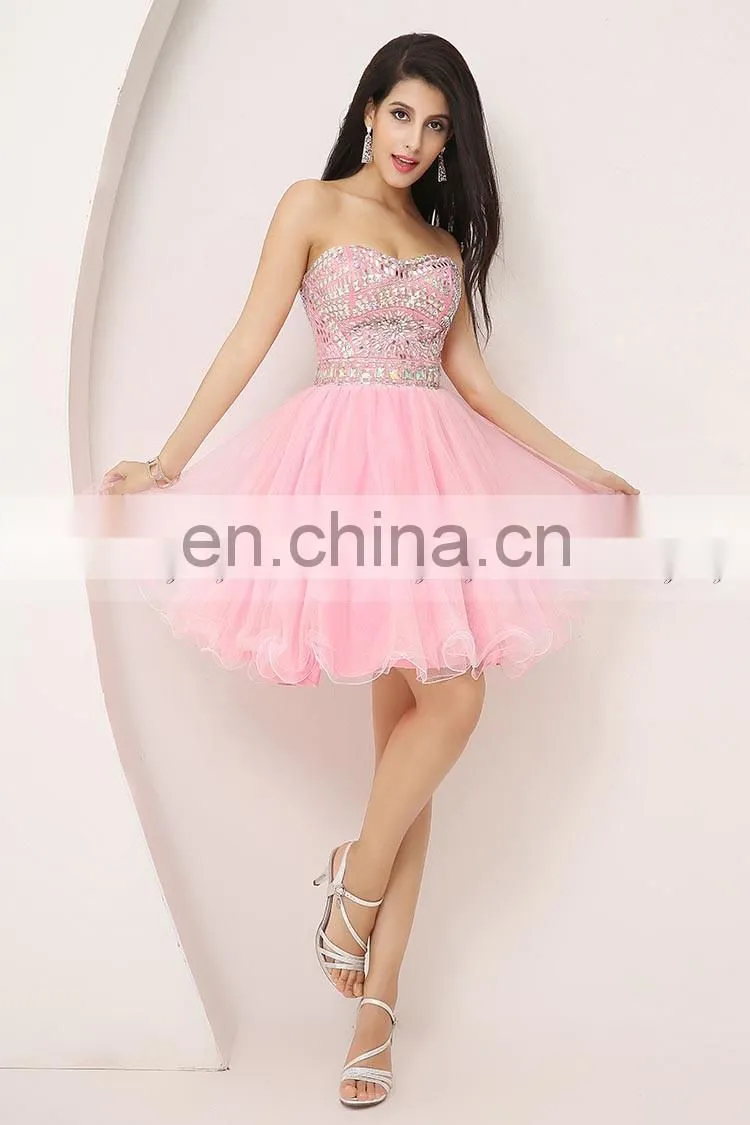Best Selling Sweetheart Sleeveless Pink Tulle Short Party Dress Crystal Cocktail Dresses
