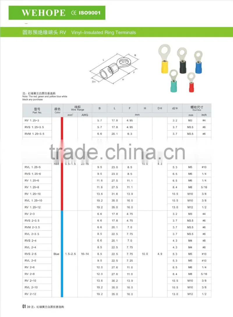 CE Vinyl Insulated pvc or nylon sleeve tinned copper or brass wire connector ring terminal