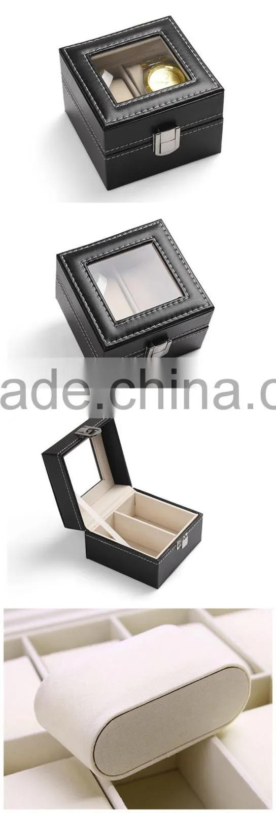 2 Slot Black Luxury Leather Watch Box Packaging With Lock
