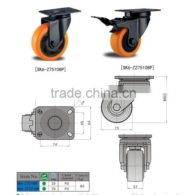 Medium Heavy Duty Polyurethane Threaded Stem Swivel Caster