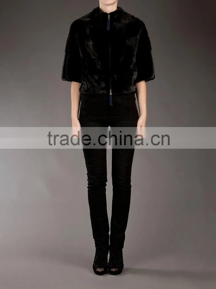 SHANGYI black 3/4 sleeve zipper cropped fur coat for woman