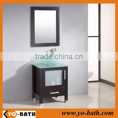 24 inch solid wood modern basin cabinet with overmounted glass wash basin