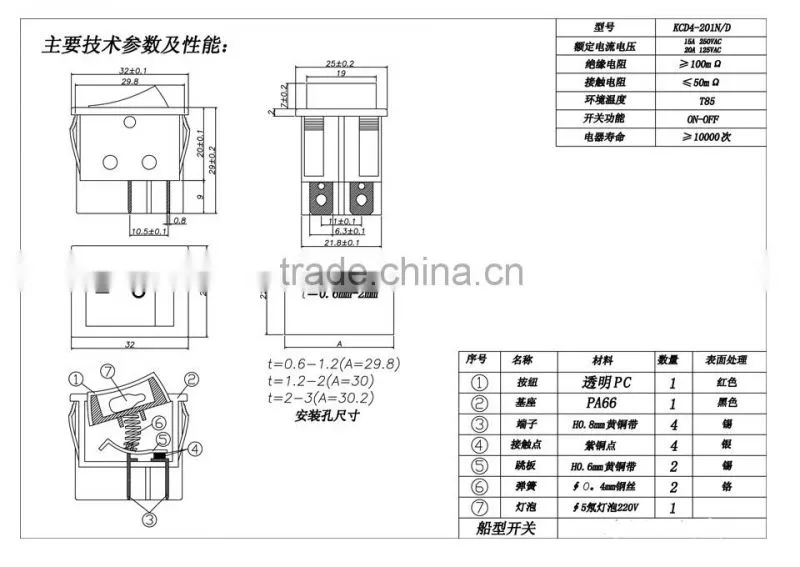 4 PIN black rocker switch T85 with holes RS--608 hot selling