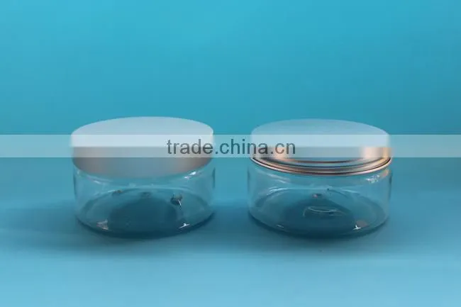 Round colorful 200ml plastic PET jars, 200g Clear PET plastic jar with aluminum cap
