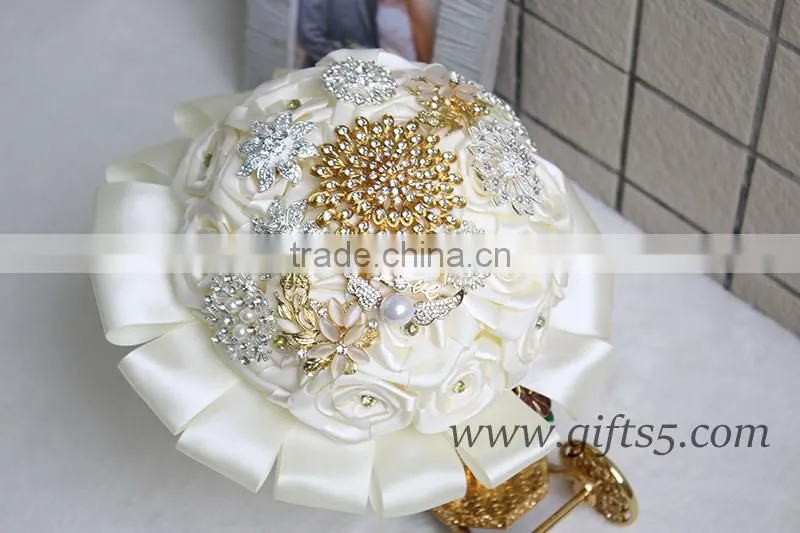 Gold Wedding Bouquet Handmade Flowers Wedding Flowers with Rhinestones