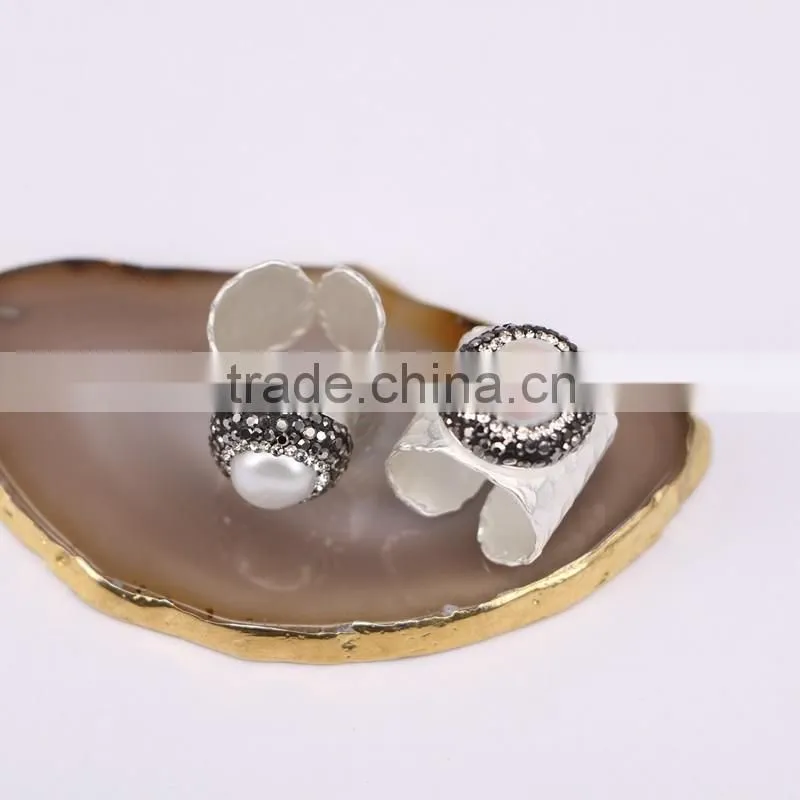 Natural crystal Pave Crystal Druzy Freshwater Pearl Sliver Ring