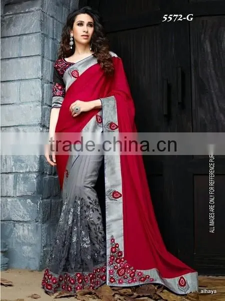 Designer Velvet Blouse and Red and Black color Womaniya Designer Sarees Collections