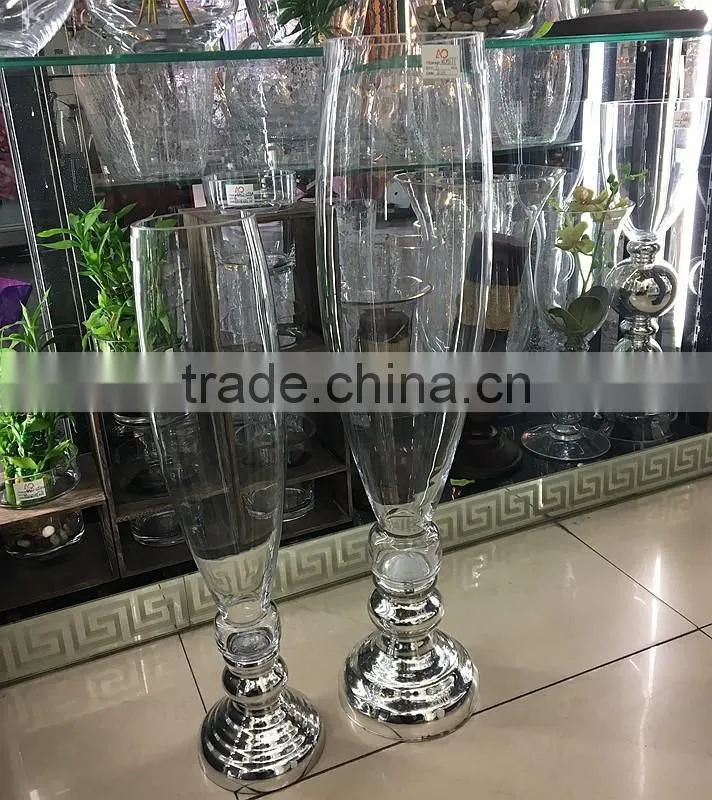 LHP019 wholesale clear glass vase centerpiece with silver bottom