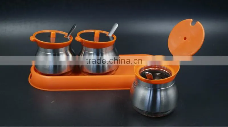 set of 3 glass spice jar cruet set with stainless steel coat