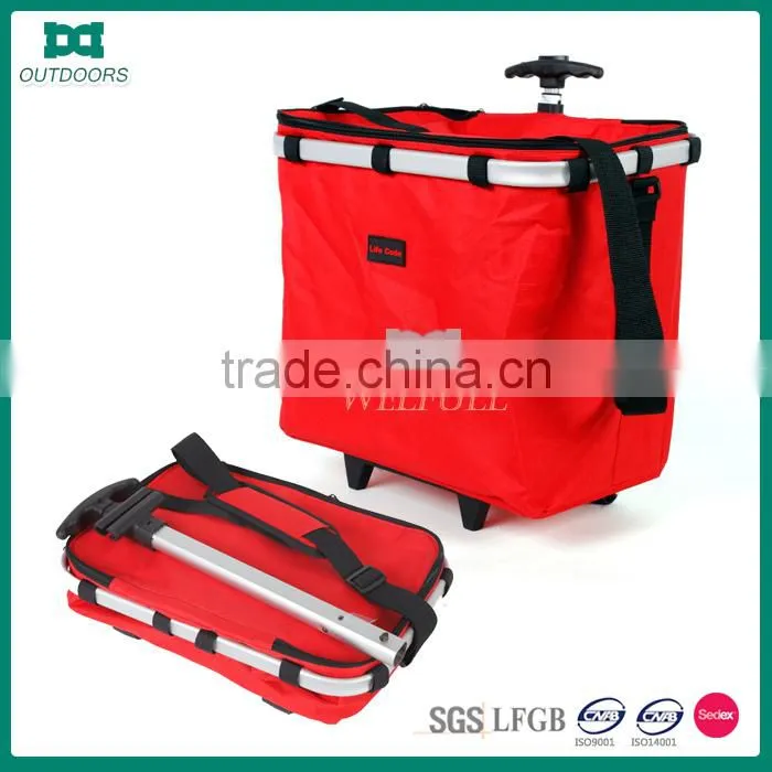 Foldable supermarket shopping basket with wheels